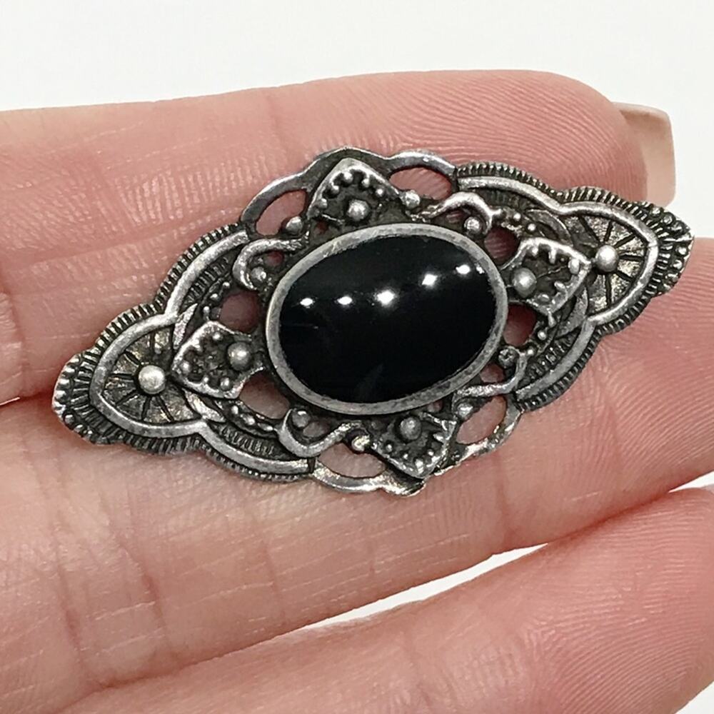 Vintage 925 Sterling Silver Black Onyx Pin Brooch Art Deco Mourning Jewelry